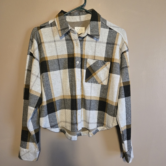 Thread & Supply Tops - Thread & Supply Cropped Plaid Button-Up Shirt Jacket in Black, Gray, and Gold